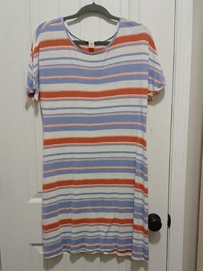 LOFT Striped Short Sleeve Tunic in White, Blue & Rust